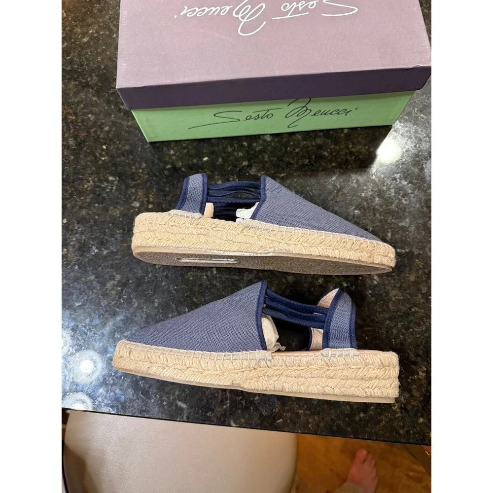 Sesto Meucci Lino Espadrille Sandals Women 8 Navy Blue Linen Made in Spain NIB